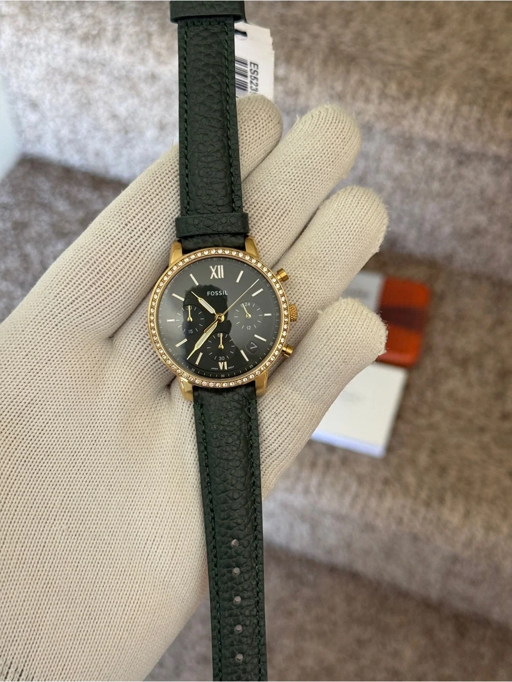 Fossil Dark Green Neutra Leather Strap Gold Crystal Bezel Chronograph Womens